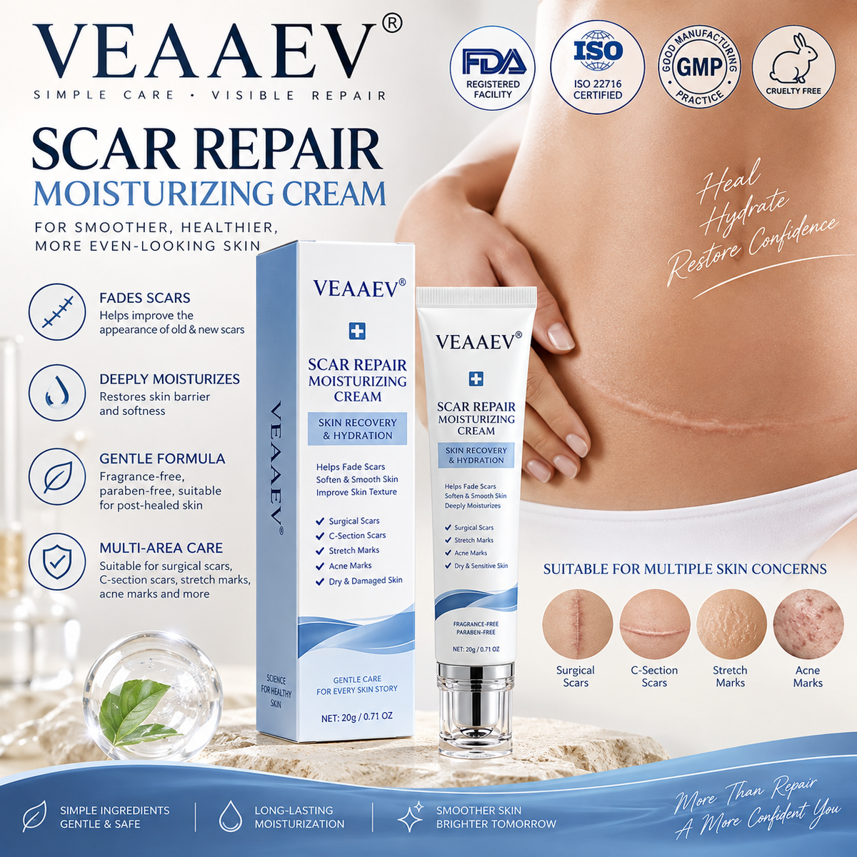 ✨ Fade the Look of Scars · Deeply Hydrate · Restore Smoother-Looking Skin
