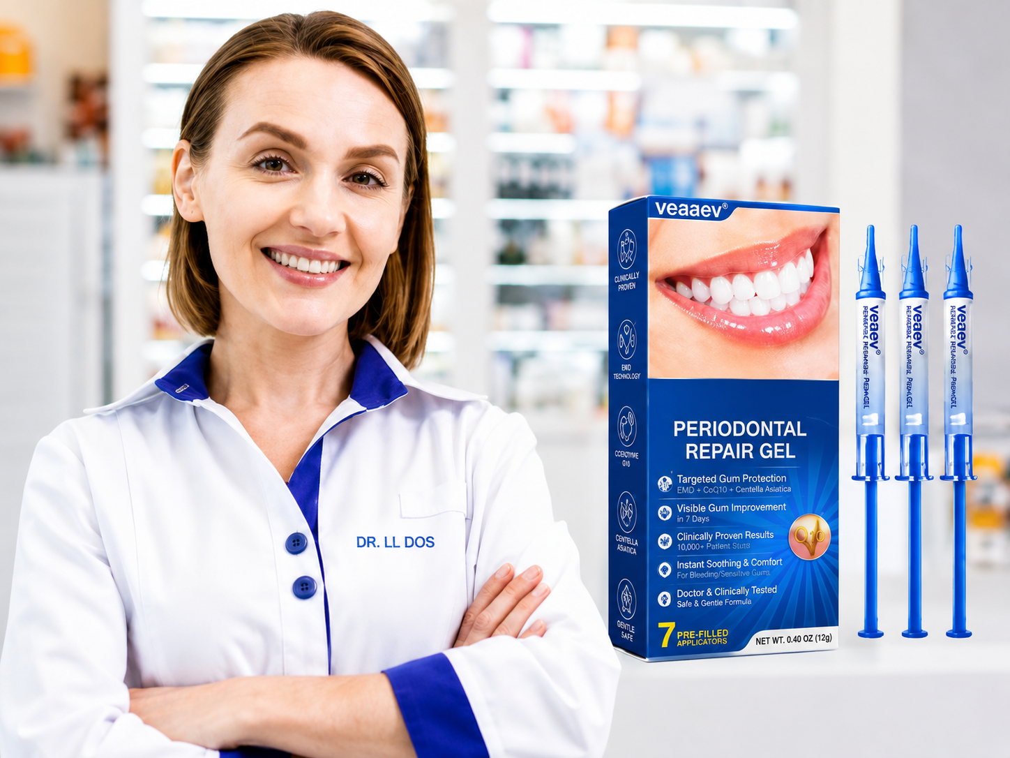 Veaaev periodontal repair gel displayed beside a dental care professional